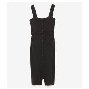 Zara Trf Collection Dress Women's Medium Black Front Button Up Midi Pockets